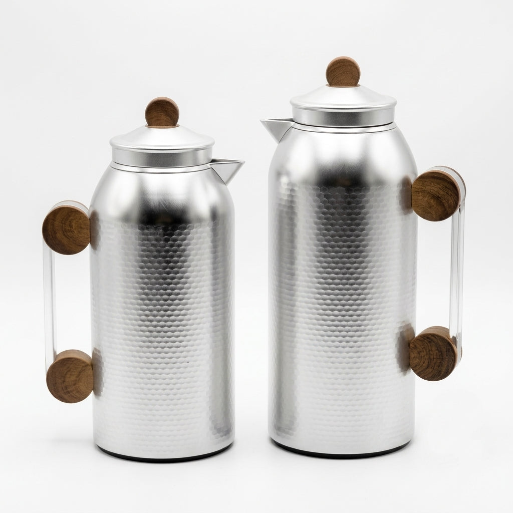 Mahra Vacuum Flask Set, 2 × 1 Litre, Matte Silver with Wood-Finish Accents