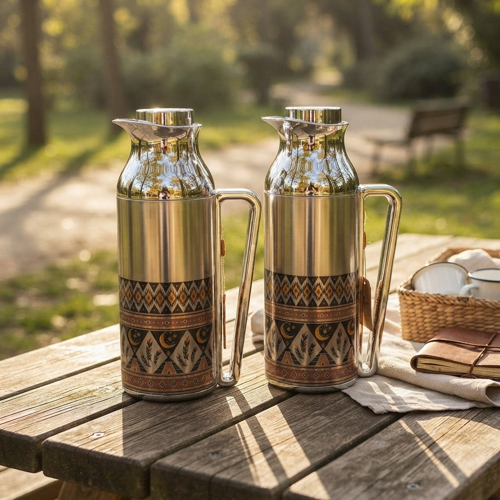 Mahra Stainless Steel Vacuum Flask Set of 2 – 1 Litre – Arabic Heritage Design