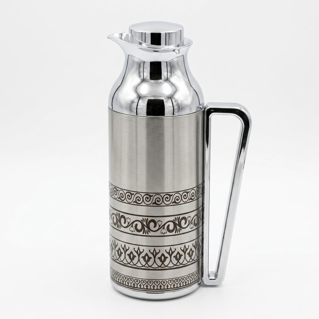 Mahra Stainless Steel Vacuum Flask Set of 2 – 1L – Arabic Engraved Thermal Carafe with Handle