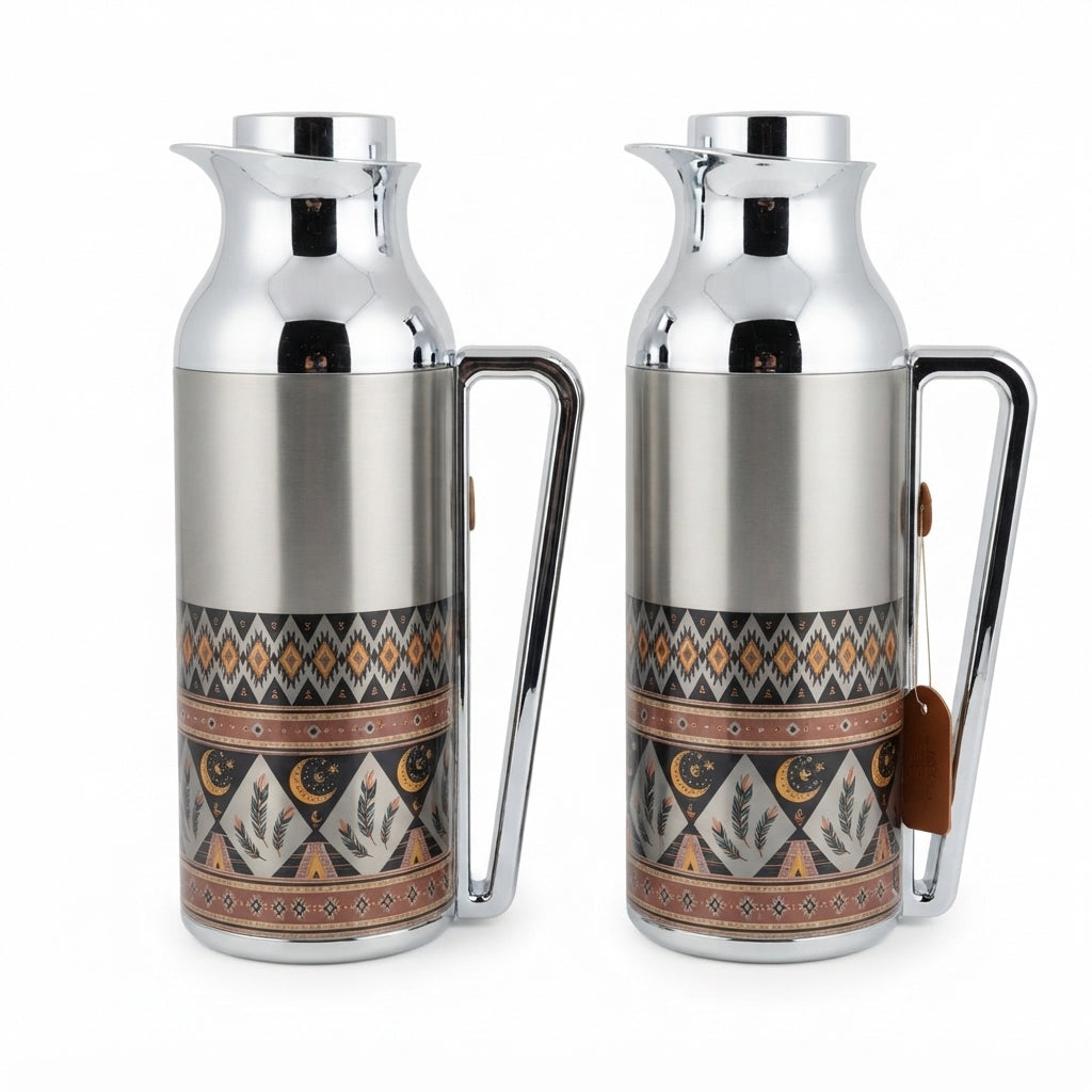 Mahra Stainless Steel Vacuum Flask Set of 2 – 1 Litre – Arabic Heritage Design