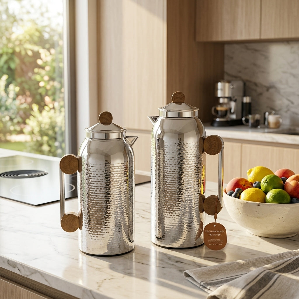 Mahra Vacuum Flask Set, 2 × 1 Litre, Silver with Wood-Finish Accents