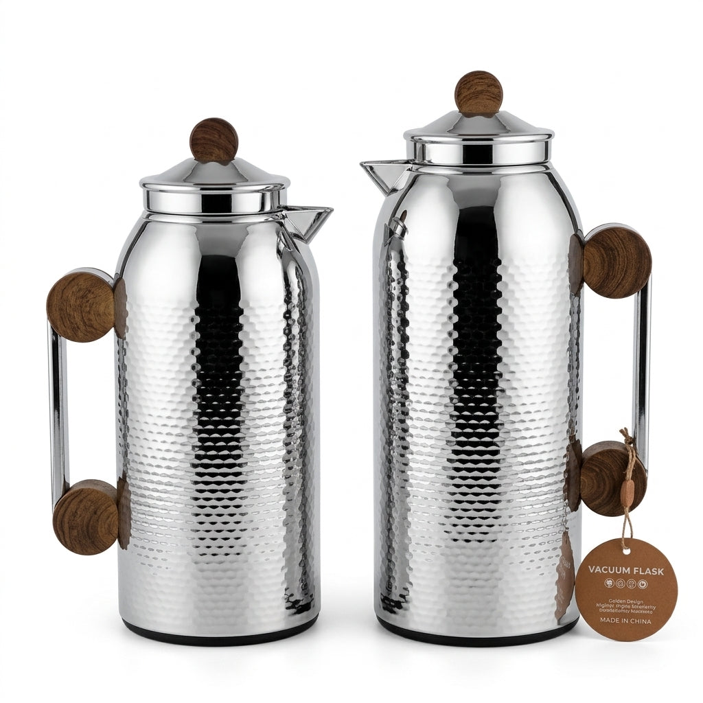 Mahra Vacuum Flask Set, 2 × 1 Litre, Silver with Wood-Finish Accents