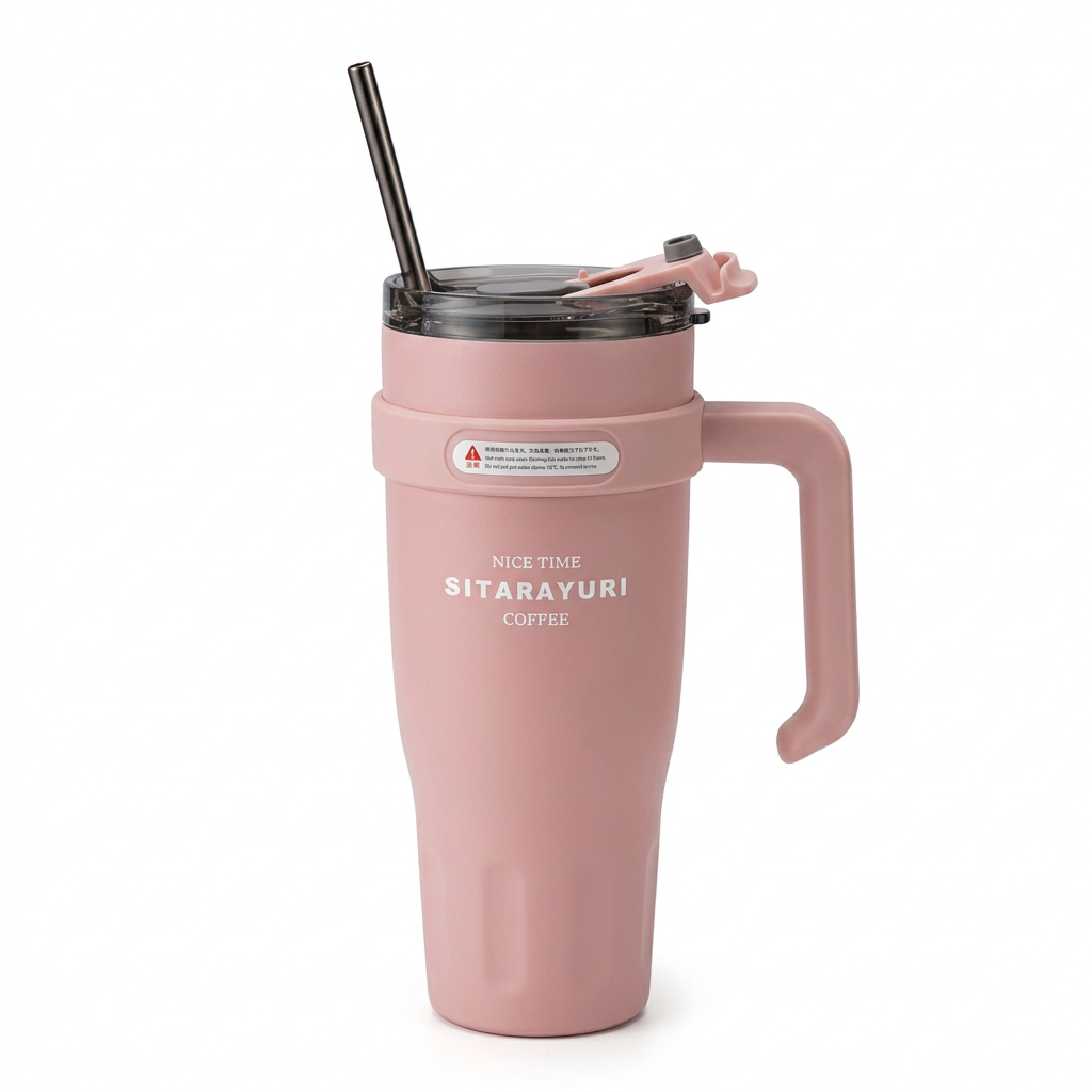 Sitarayuri Vacuum Mug with Handle & Straw Pink - 1100ml 