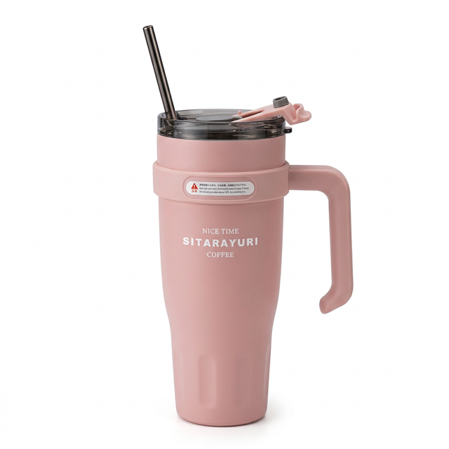 Sitarayuri Vacuum Mug with Handle & Straw Pink - 1100ml 