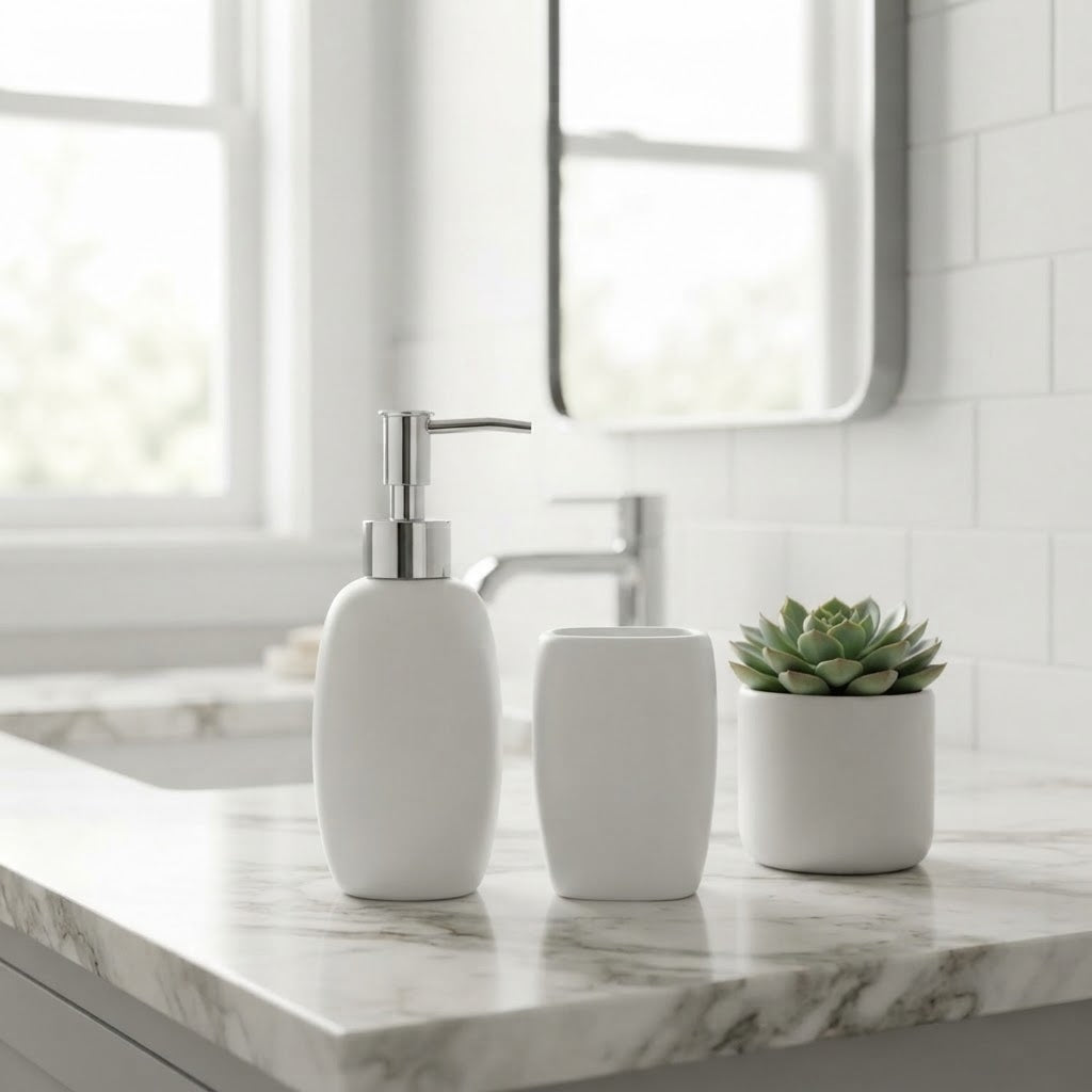 White Ceramic Soap/Lotion Dispenser & Tumbler Set