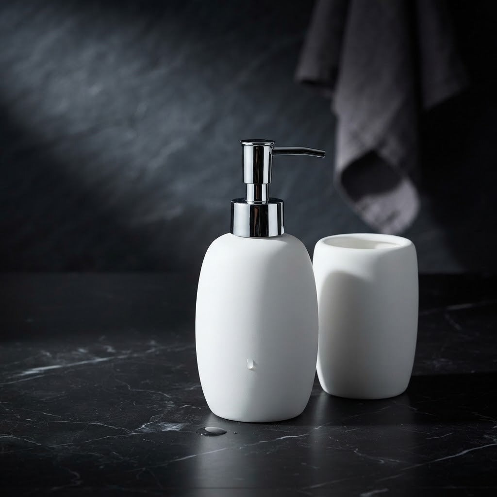 White Ceramic Soap/Lotion Dispenser & Tumbler Set