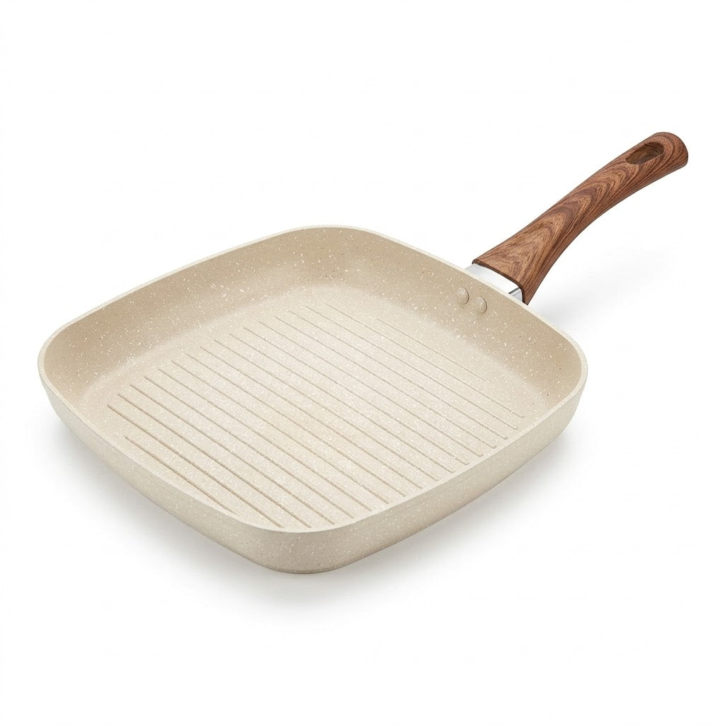 Yuniverse Square Grill Pan 28 cm – Beige with Wood-Look Handle
