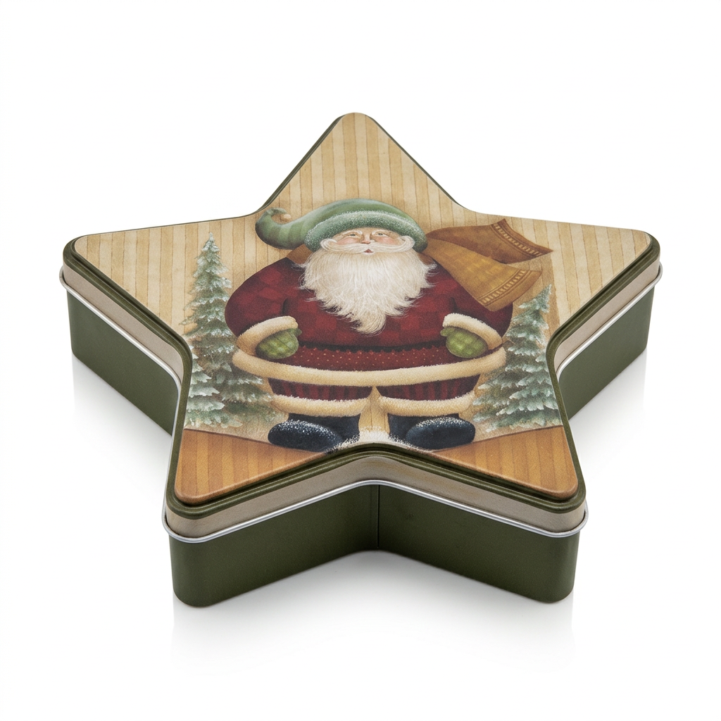 Star-Shaped Metal Christmas Candy Box with Santa Design – Beige & Dark Green, 15 cm

