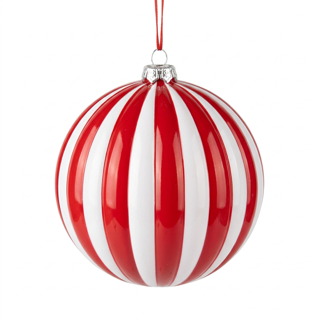  Striped Plastic Christmas Ball Hanging Decoration Red & White – 10cm