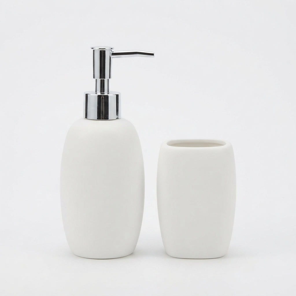 White Ceramic Soap/Lotion Dispenser & Tumbler Set