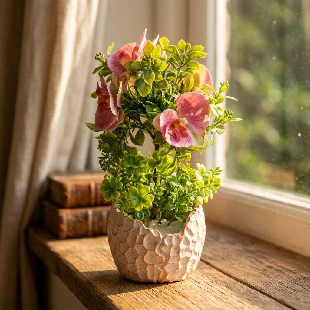 Pink & Green Artificial Flowers with Textured Chalk Pot - 30 cm