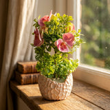 Pink & Green Artificial Flowers with Textured Chalk Pot - 30 cm