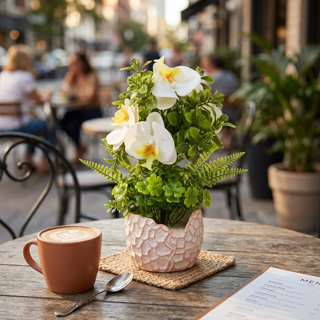 Artificial White Orchid Flower with Textured Chalk Pot - 30 cm