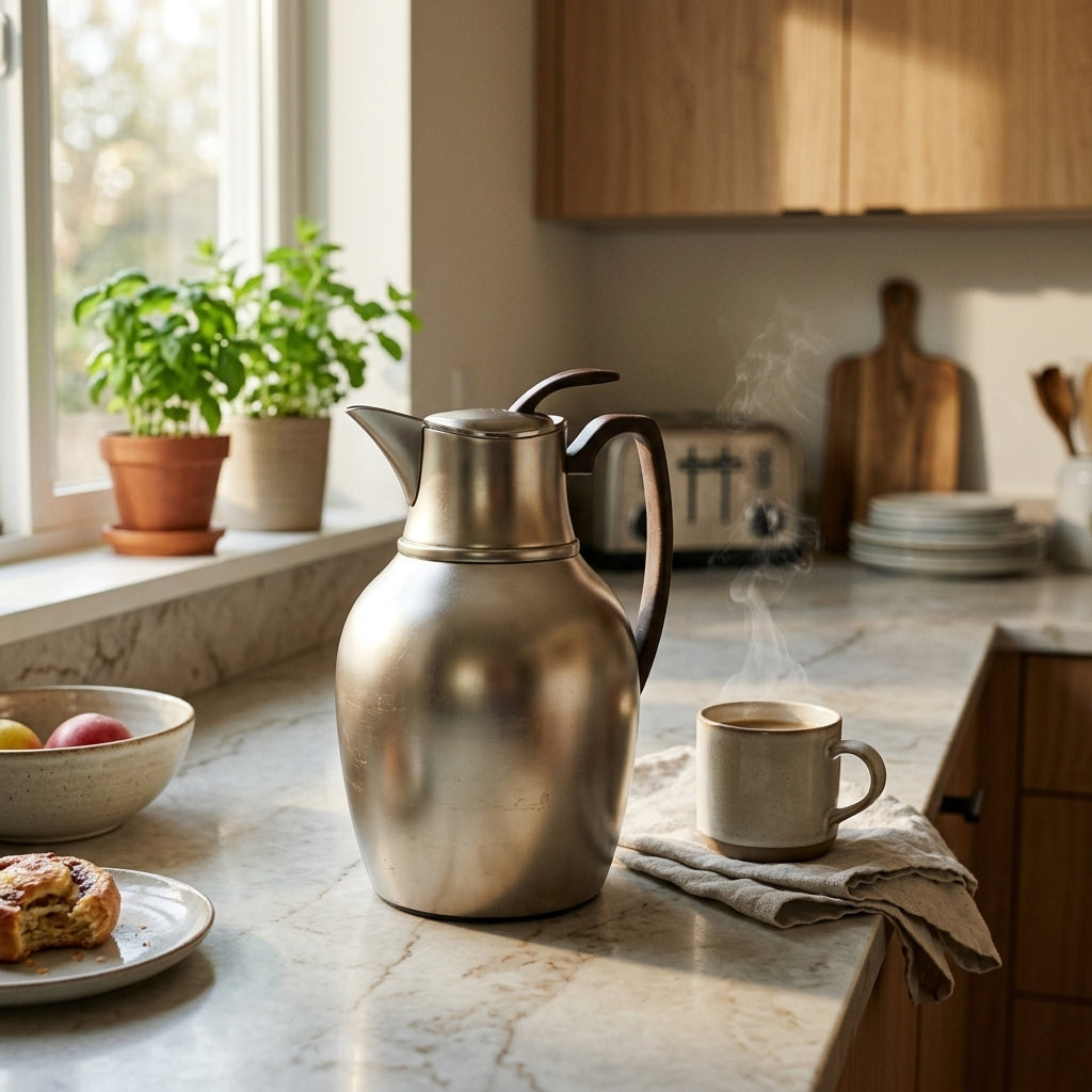 Mydot Vacuum Flask 0.5 Litre – Matt Nickel with Dark Wood Finish