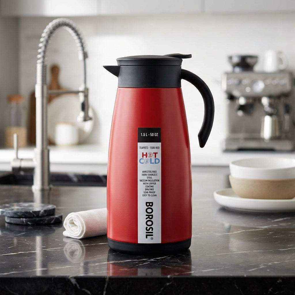 Borosil Insulated Stainless Steel Vacuum Flask Carafe, 1500 ml, Matt Red with Black
