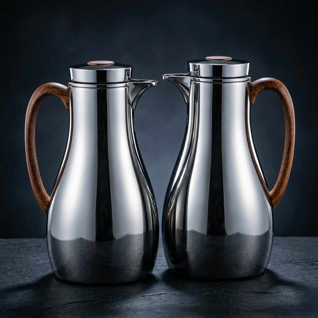 Athba Vacuum Flask Set 1+1 Litre – Nickel Finish with Wood-Effect Handles, 2 Pieces
