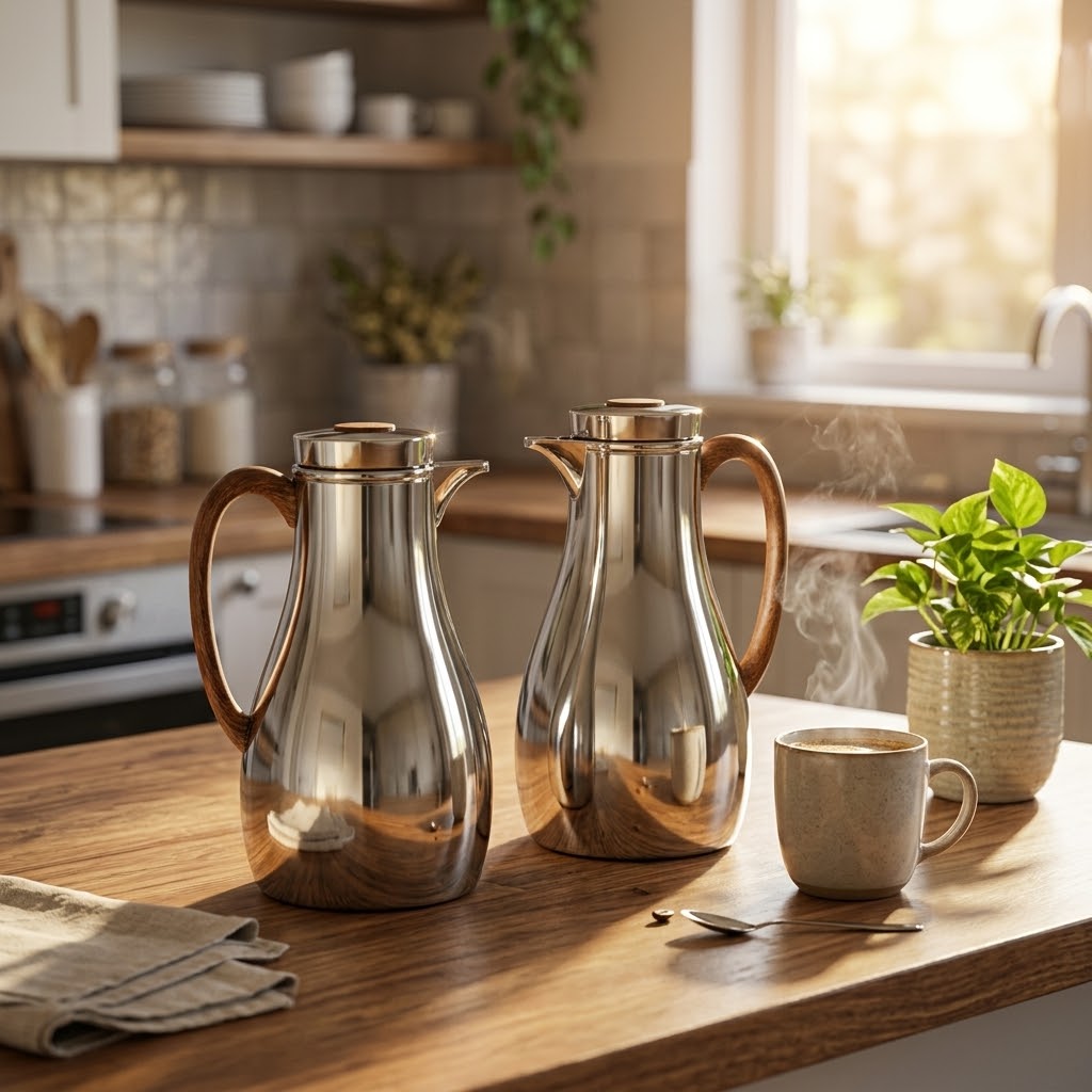 Athba Vacuum Flask Set 1+1 Litre – Nickel Finish with Wood-Effect Handles, 2 Pieces