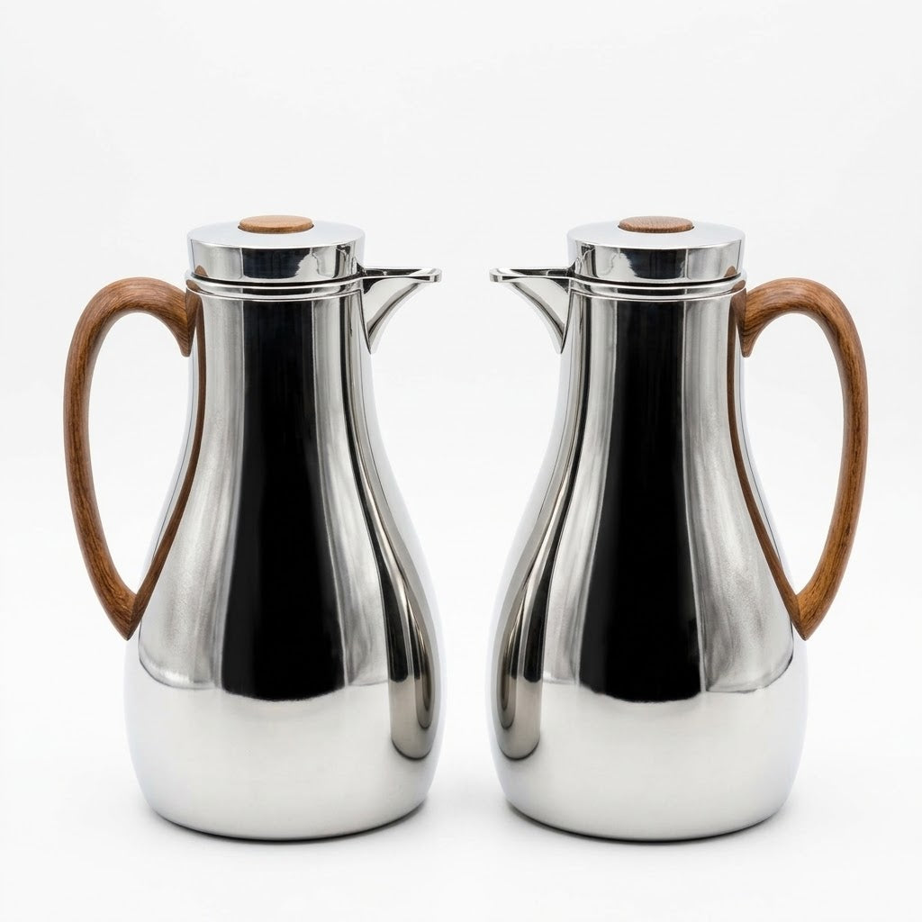 Athba Vacuum Flask Set 1+1 Litre – Nickel Finish with Wood-Effect Handles, 2 Pieces