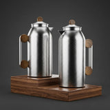 Mahra Vacuum Flask Set, 2 × 1 Litre, Matte Silver with Wood-Finish Accents