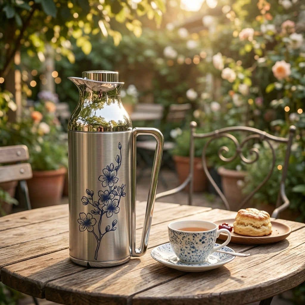 Mahra  Stainless Steel Vacuum Flask Set of 2 – 1L + 1L – Floral Engraved Thermal Carafe