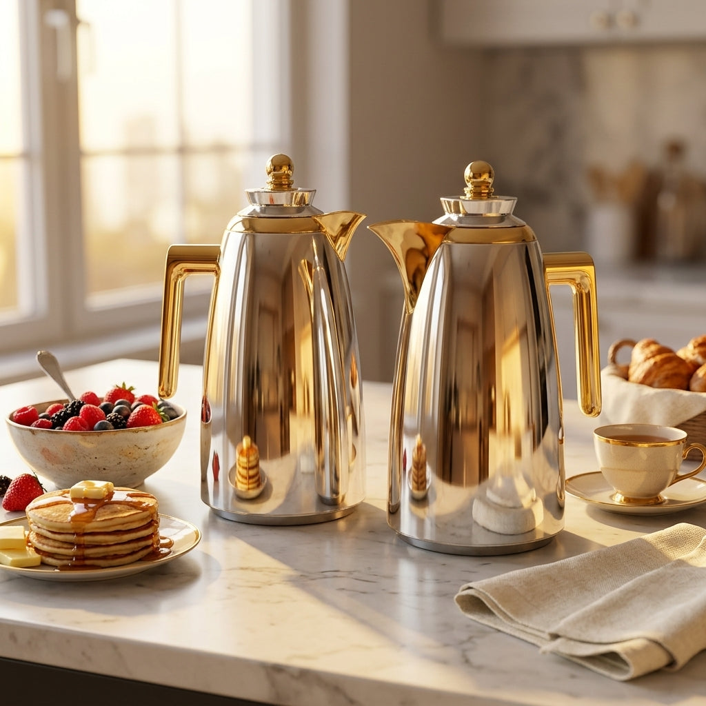 Fursan Vacuum Flask Set, 2 × 1 Litre, Silver with Gold Accents