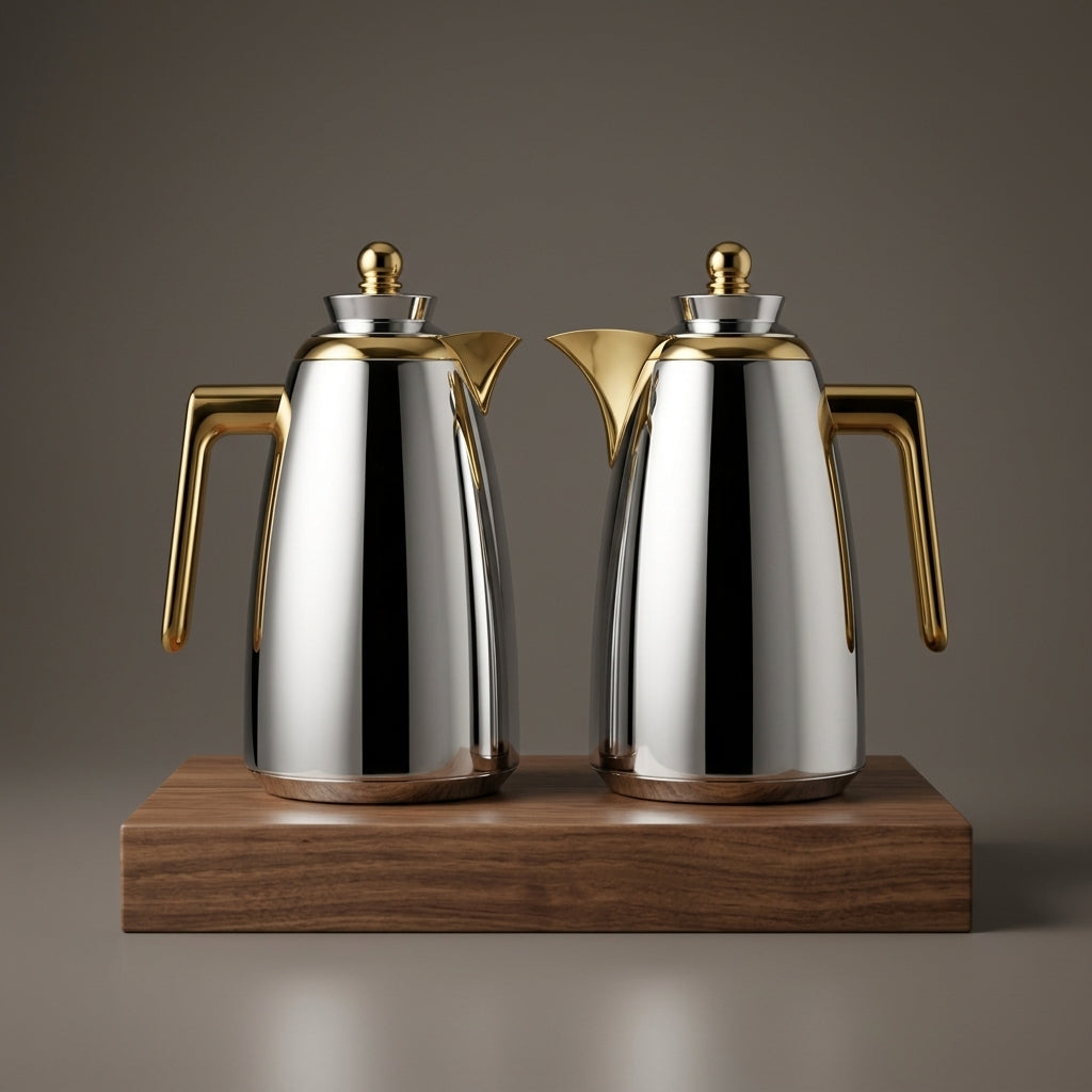 Fursan Vacuum Flask Set, 2 × 1 Litre, Silver with Gold Accents