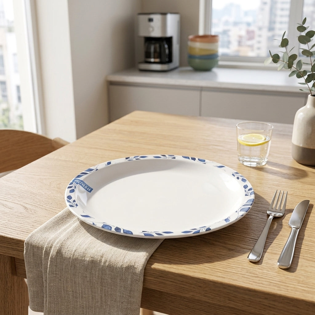Henlee White & Blue Melamine Round Serving Tray - 10 Inch