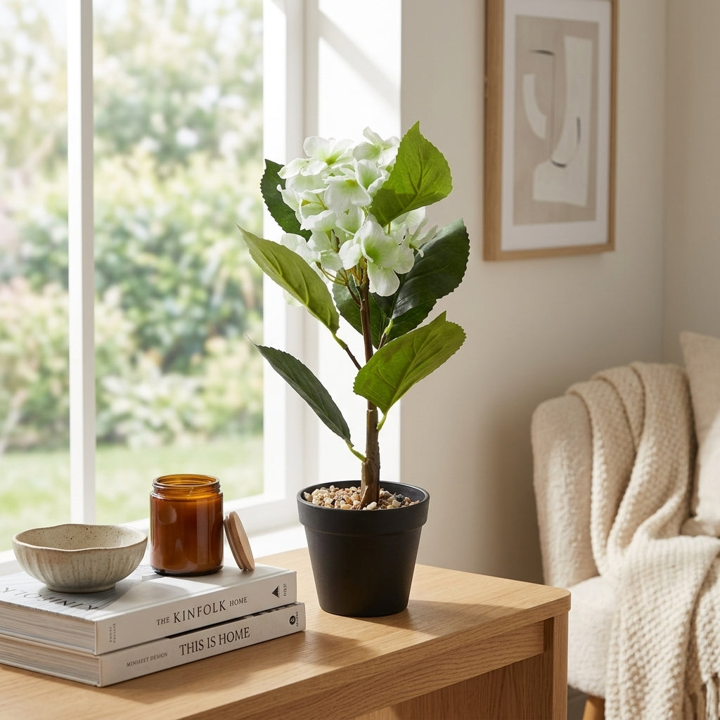 White & Green Artificial Flower Plant with Black Plastic Pot - 45 cm