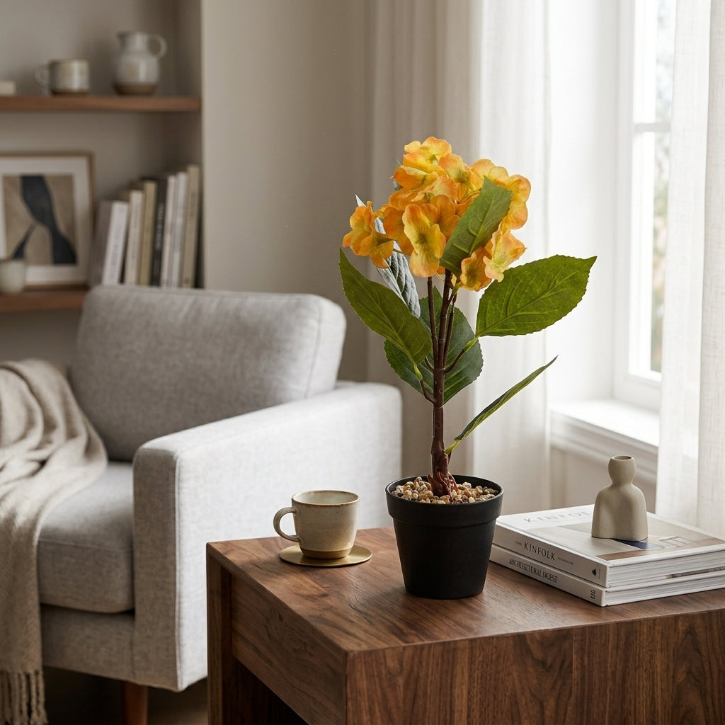 Yellow & Orange Artificial Flower Plant with Black Plastic Pot - 45 cm