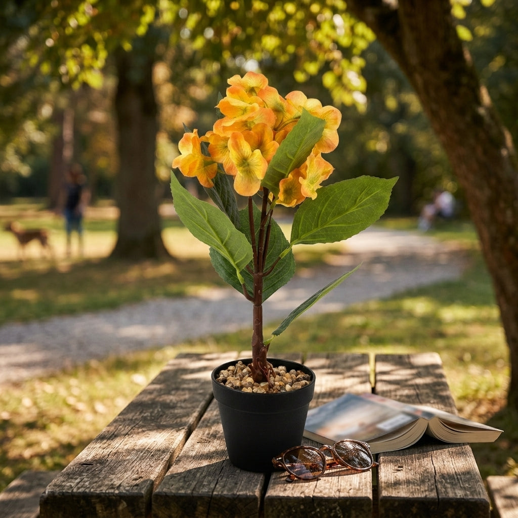 Yellow & Orange Artificial Flower Plant with Black Plastic Pot - 45 cm