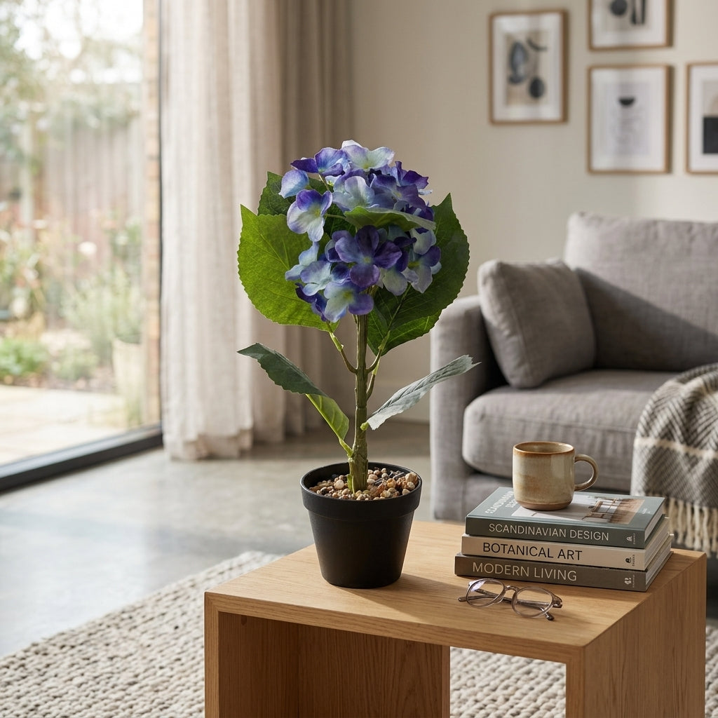 Blue and purple Artificial Flower Plant with Black Plastic Pot - 45 cm