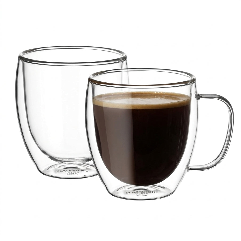 Blackstone Double-Wall Glass Tumbler Cups with Handles, 250 ml, Set of 2