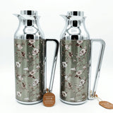 Mahra Floral Stainless Steel Vacuum Flask Set 1L + 1L – Silver Blossom – 2-Piece Thermos Set