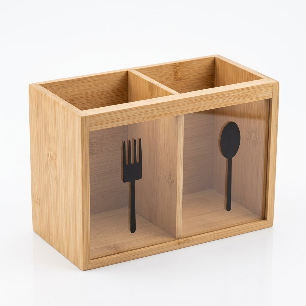 Orchid Wooden Cutlery Box with 2 Compartments, 18 × 9 × 13 cm