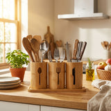 Bamboo Cutlery Holder with Tray, 3 Compartments, 27 × 13 cm