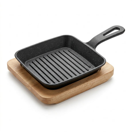 Vague Cast Iron Sizzling Pan with Wooden Base – Black, 13 cm