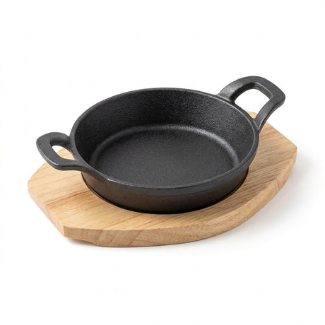 Vague Cast Iron Sizzling Pan with Wooden Base – Black, 16 × 3.8 cm