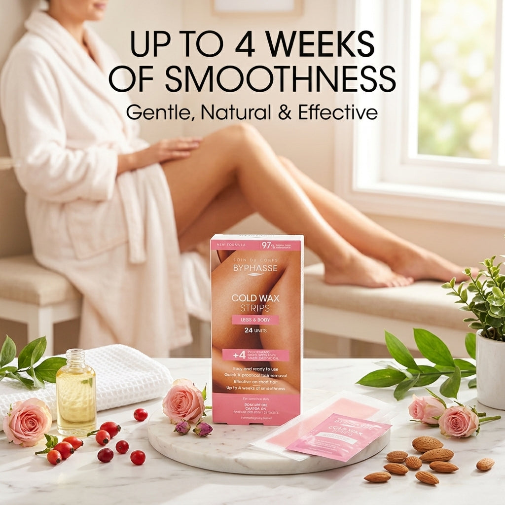 Byphasse Cold Wax Strips for Legs & Body – 24 Strips + 4 Post-Waxing Wipes