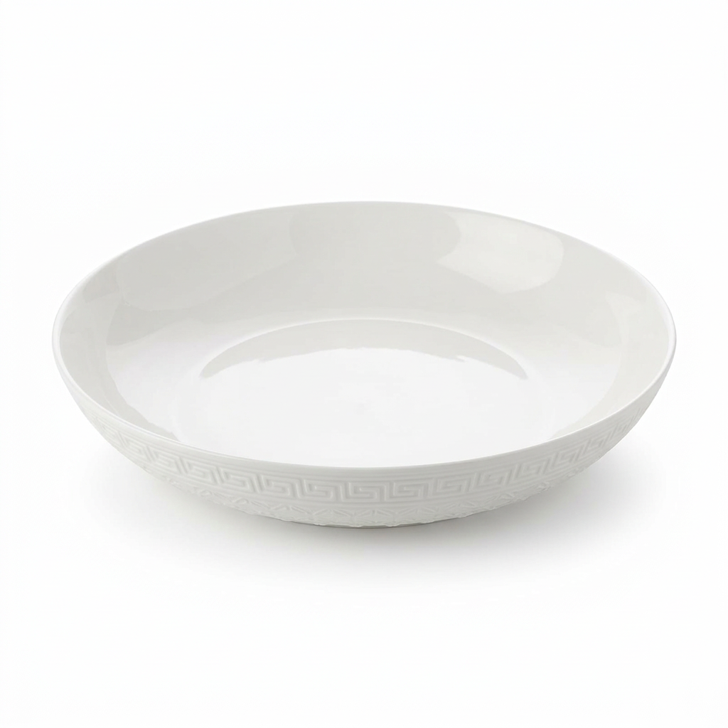 White Ceramic Round Serving Platter with Embossed Detail – 14 Inch

