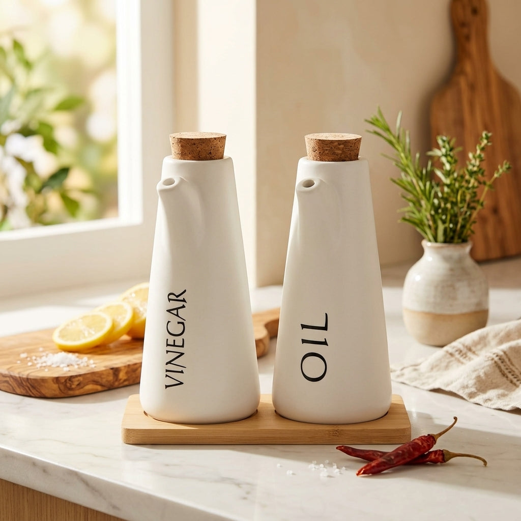 Ceramic Oil & Vinegar Bottle Set with Tray 16 cm