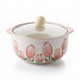 Ceramic Serving Bowl with Glass Lid, Pink Tulip – 18 × 8 cm