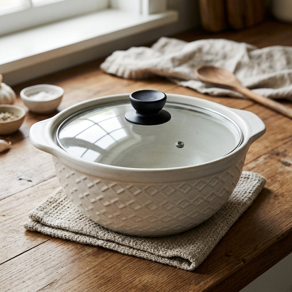 White Ceramic Bowl with Lid & Side Handles – 1.5 Litres