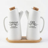 Ceramic Oil & Vinegar Bottle Set with Bamboo Tray