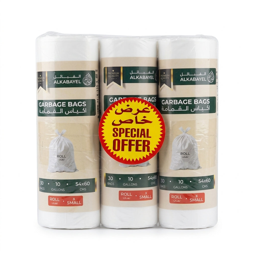 Garbage Bags, 10 Gallon, 54 × 60 cm, White, 30 Bags per Roll (X Small) – Pack of 3