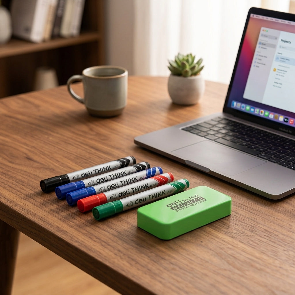 Deli Whiteboard Marker Set with Magnetic Eraser – 4 Colors