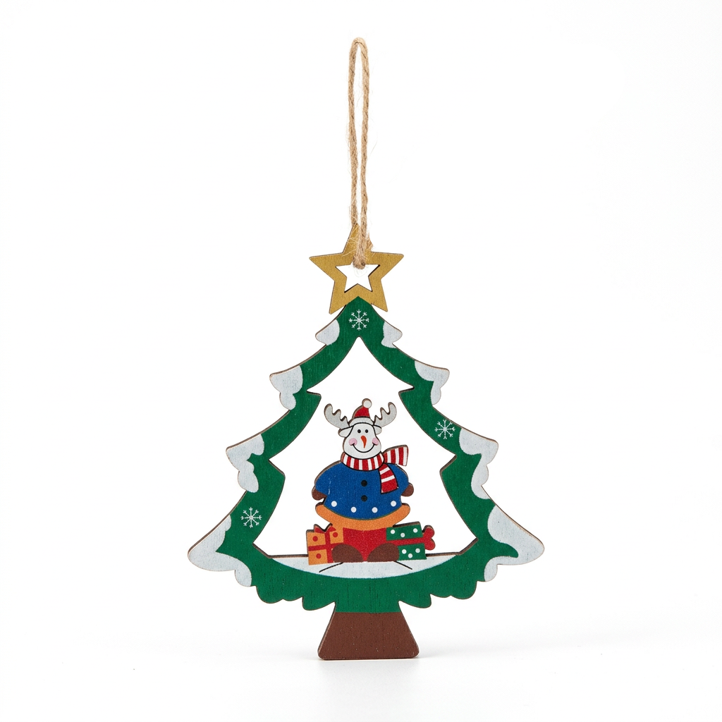 Wooden Christmas Tree Hanging Decoration with Snowman - 10cm