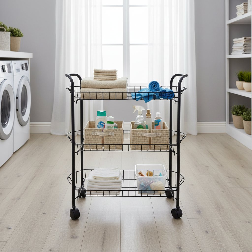 Metal 3-Tier Rack with Wheels Black - 50×40×25cm