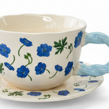Ceramic Cup and Saucer Set with Blue Floral Design - 300ml