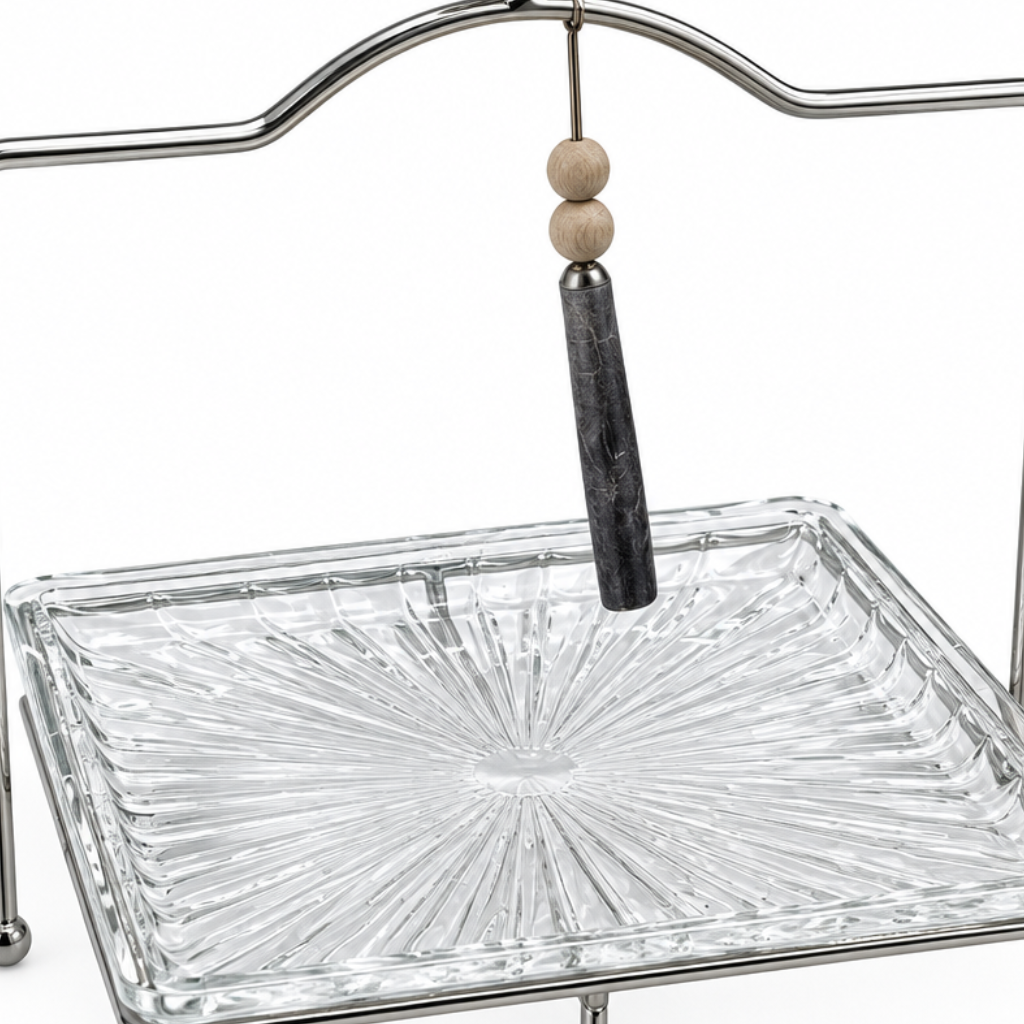 Glass Tray with Silver-Tone Metal Stand - 25×25cm