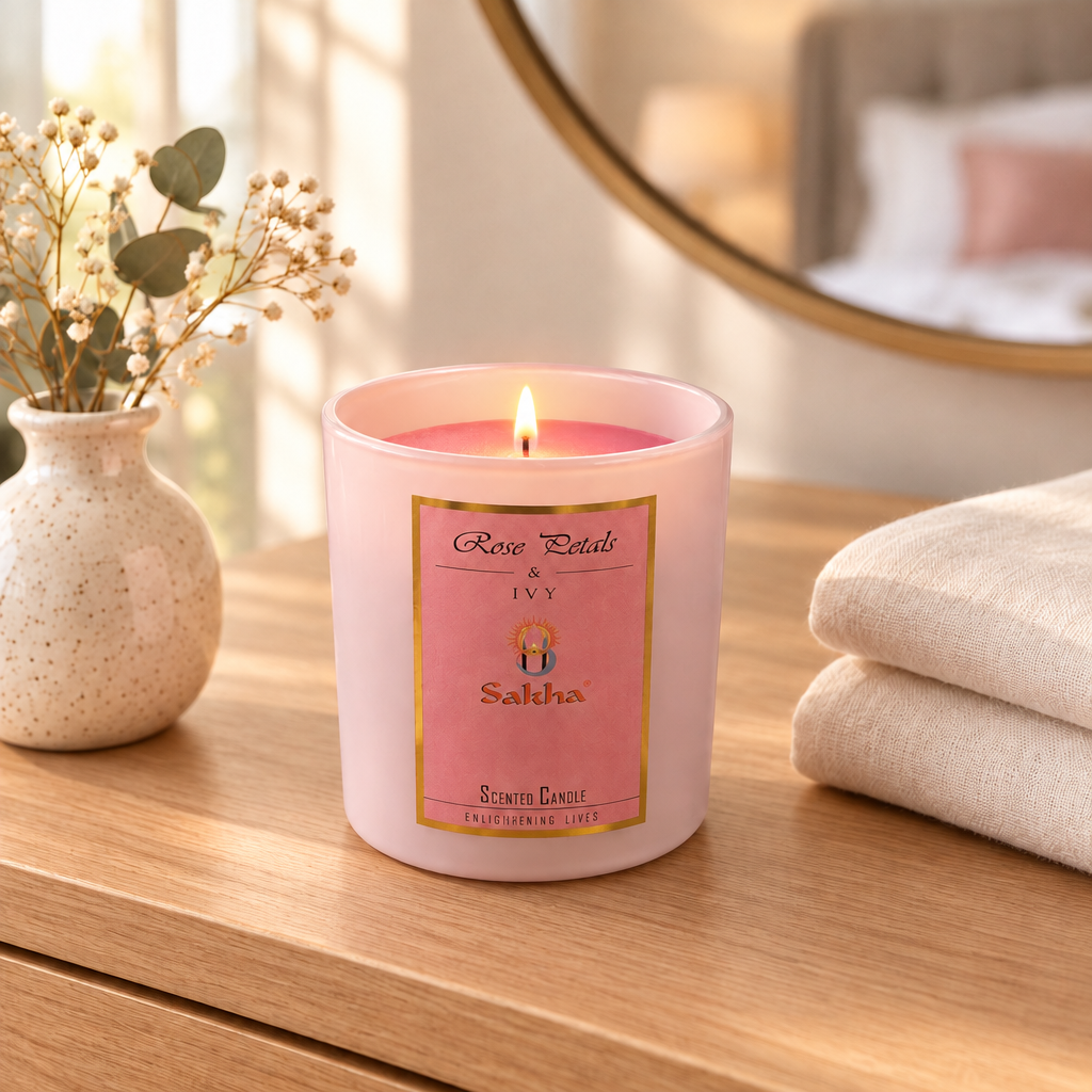 Sakha Rose Petals & Ivy Scented Candle in Glass Jar – 10×9cm